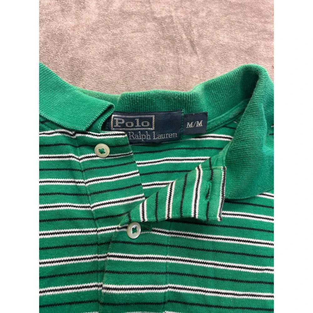 Polo Ralph Lauren Mens Green Striped Short Sleeve Polo Shirt Orange Pony Size M‎